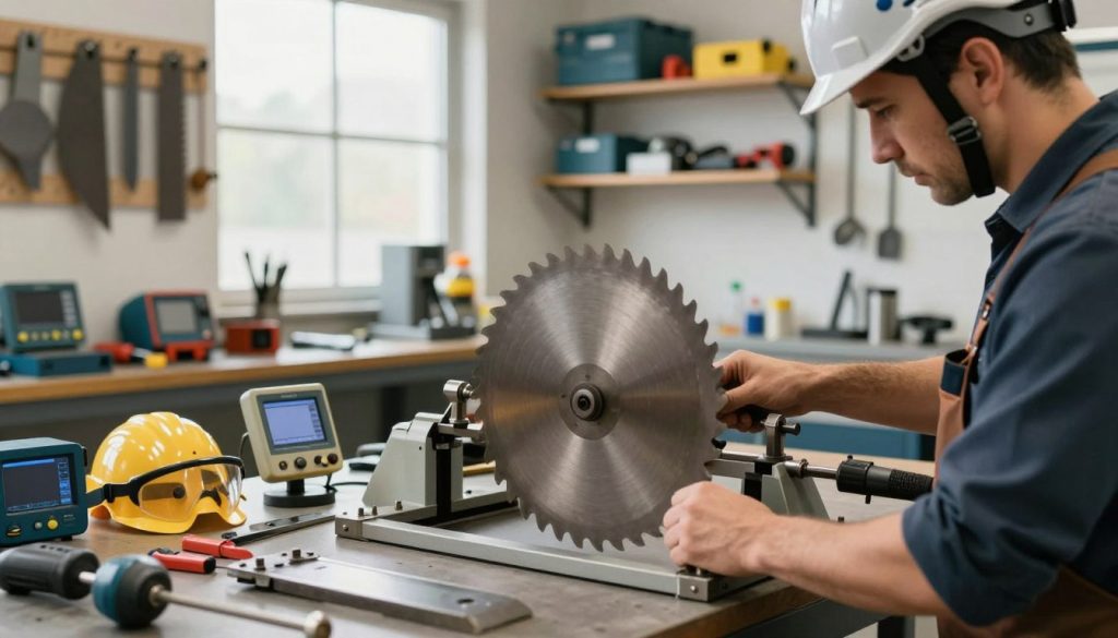 A detailed scene featuring a professional workshop focusing on the balancing of a circular saw blade. In the foreground, a technician wearing a safety helmet and apron is carefully adjusting the blade on a balancing machine, meticulously inspecting for vibrations. The middle section showcases various tools and equipment used for blade maintenance, including digital measuring instruments and safety gear. The background contains a well-organized workspace with shelves full of blades and workshop paraphernalia, illuminated by soft, natural lighting coming from large windows, creating a productive atmosphere. The brand name "Galpão das máquinas" is subtly integrated into the workshop setting. The overall mood is focused and industrious, emphasizing precision and safety in machinery maintenance.