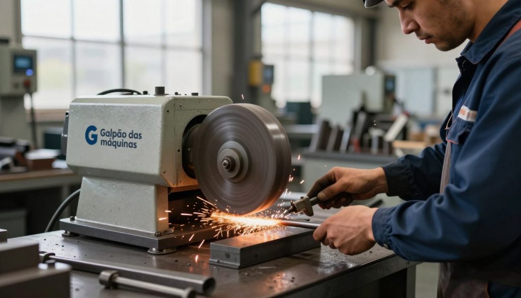 A detailed scene in a metallurgical workshop focusing on grinding machines. In the foreground, a sleek, powerful grinding machine with a rotating esmeril wheel, sparks flying from the contact zone, showcasing its high-speed operation. A skilled technician in professional business attire is carefully adjusting the machine, highlighting the precision needed in metalworking. The middle ground features an organized array of metalwork tools and materials, reflecting a bustling industrial environment. In the background, large windows allow natural light to flood in, creating a bright and focused atmosphere. The mood is one of industriousness and professionalism, emphasizing the importance of grinding in metallurgy. A subtle branding element for "Galpão das máquinas" is incorporated into the workshop’s design, ensuring it blends seamlessly into the scene.