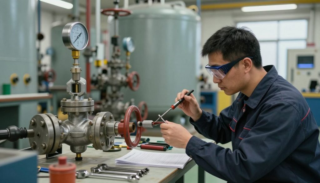 A detailed scene of a boiler safety valve maintenance workshop, focused on a technician inspecting a large industrial safety valve. In the foreground, the technician, dressed in coveralls and safety goggles, is using specialized tools to ensure proper function, with a focused expression. The middle ground features various tools and equipment, including a workbench cluttered with valves, wrenches, and manuals, emphasizing an environment of careful maintenance. The background shows a well-lit boiler room with large boilers and gauges, bathed in soft, diffused light to create a professional atmosphere. The overall mood is industrious and meticulous, reflecting the importance of preventive maintenance in industrial safety. A detailed scene of a boiler safety valve maintenance workshop, focused on a technician inspecting a large industrial safety valve. In the foreground, the technician, dressed in coveralls and safety goggles, is using specialized tools to ensure proper function, with a focused expression. The middle ground features various tools and equipment, including a workbench cluttered with valves, wrenches, and manuals, emphasizing an environment of careful maintenance. The background shows a well-lit boiler room with large boilers and gauges, bathed in soft, diffused light to create a professional atmosphere. The overall mood is industrious and meticulous, reflecting the importance of preventive maintenance in industrial safety.