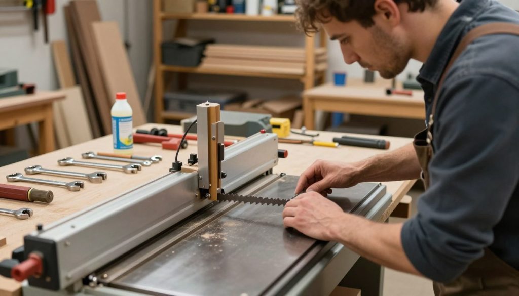 A detailed scene of a professional workshop focused on maintenance of a band saw. In the foreground, a skilled technician in modest casual attire is carefully inspecting a band saw blade, demonstrating attention to detail. The middle ground features various tools such as wrenches and lubricants laid out neatly on a bench, alongside a close-up view of the band saw itself. In the background, shelves filled with wood materials and other woodworking tools create a busy workshop atmosphere. Soft, diffused lighting illuminates the area, capturing the nuances of wood grain and metal textures. The mood is focused and industrious, highlighting the importance of proper maintenance and care in woodworking. The perspective is slightly angled to emphasize both the technician and the band saw in action.