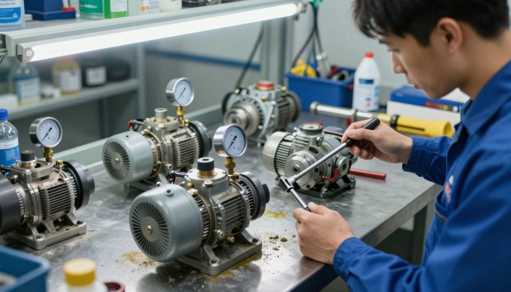 A detailed scene of a vacuum pump maintenance process in a clean, well-lit workshop. In the foreground, a technician in a blue coverall carefully inspects the vacuum pump, using specialized tools like a torque wrench and gauges to check for operational efficiency. Bright overhead lights illuminate the workspace, creating sharp shadows that emphasize the intricacies of the pump's design. The middle ground features various parts of the pump laid out on a sturdy metal bench, highlighting contamination issues like dust and oil residue. In the background, shelves filled with labeled containers of maintenance supplies and safety equipment contribute to a professional atmosphere. The overall mood is focused and technical, showcasing the importance of maintenance in preventing performance issues caused by contamination. The scene should be captured from a slightly elevated angle for a comprehensive view. A detailed scene of a vacuum pump maintenance process in a clean, well-lit workshop. In the foreground, a technician in a blue coverall carefully inspects the vacuum pump, using specialized tools like a torque wrench and gauges to check for operational efficiency. Bright overhead lights illuminate the workspace, creating sharp shadows that emphasize the intricacies of the pump's design. The middle ground features various parts of the pump laid out on a sturdy metal bench, highlighting contamination issues like dust and oil residue. In the background, shelves filled with labeled containers of maintenance supplies and safety equipment contribute to a professional atmosphere. The overall mood is focused and technical, showcasing the importance of maintenance in preventing performance issues caused by contamination. The scene should be captured from a slightly elevated angle for a comprehensive view.
