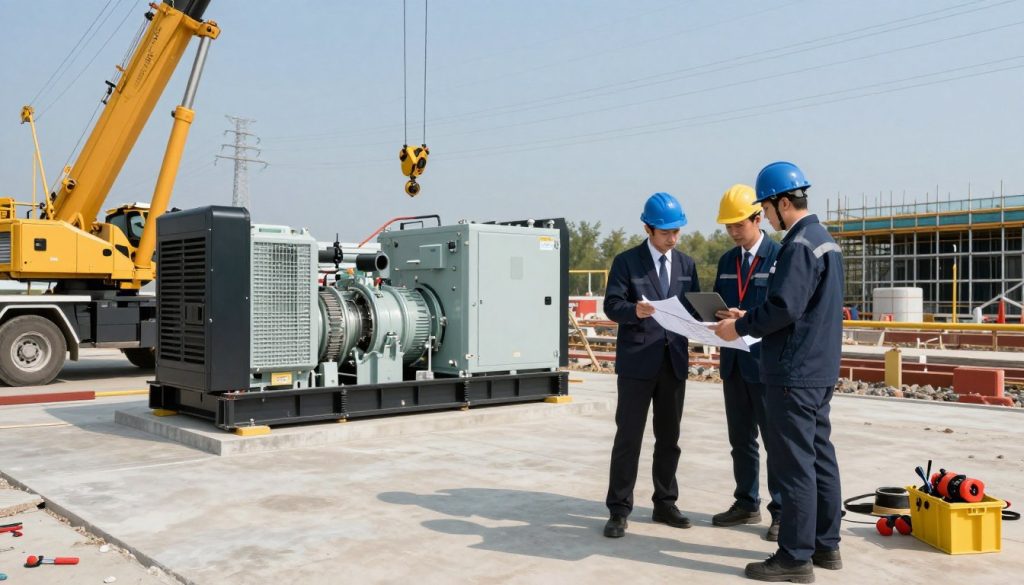 A detailed scene of an energy generator installation site, showcasing a team of four professionals in business attire. In the foreground, two technicians are reviewing blueprints on a tablet, surrounded by tools and safety equipment. The middle ground features an industrial generator being carefully positioned on a concrete pad, with a crane and rigging setup in action. In the background, a construction site with scaffolding and power lines can be seen under a clear blue sky. The lighting is bright and natural, casting realistic shadows that enhance the depth of the scene. The atmosphere conveys a sense of focused teamwork and precision planning, emphasizing the importance of careful preparation in the installation process.