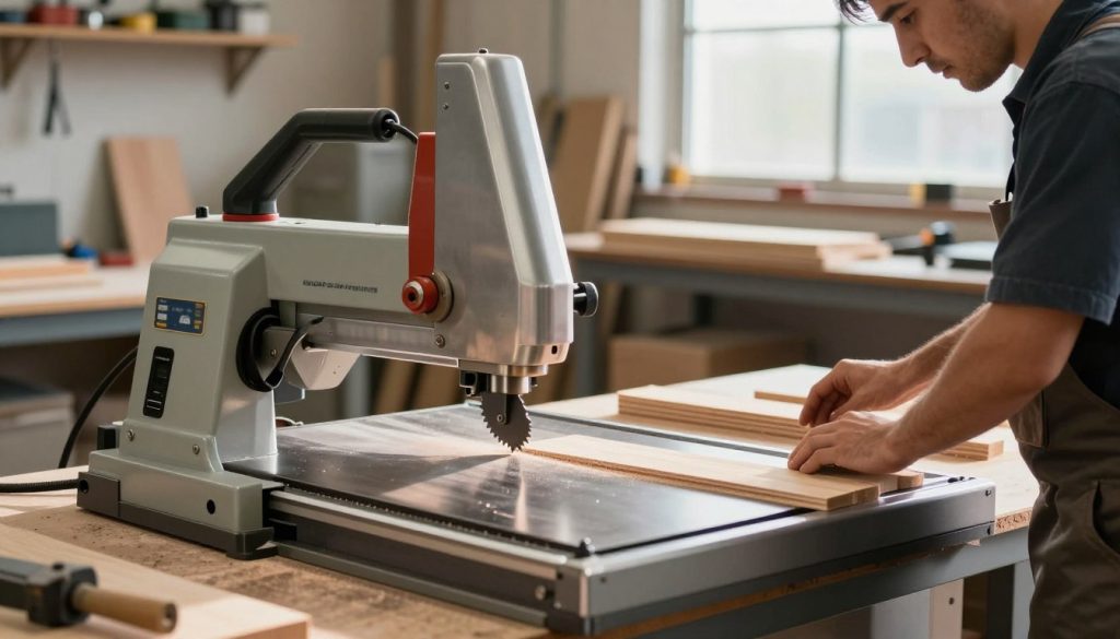 A detailed scene showcasing a band saw (serra fita) in an industrial workshop setting, emphasizing its precision and versatility. In the foreground, a sleek, modern band saw with shiny metallic components and a sharp blade is positioned. Nearby, a skilled craftsman dressed in professional work attire focuses intently on the cutting process, with wood pieces set up for various applications. In the middle ground, various types of cut wood are neatly arranged, illustrating the different thicknesses achieved with the band saw. The background features workshop details like tools, workbenches, and a large window allowing natural light to illuminate the scene, creating a warm and industrious atmosphere. The overall mood conveys a sense of craftsmanship and technical skill. Include the brand name "Galpão das máquinas" subtly visible on the band saw.