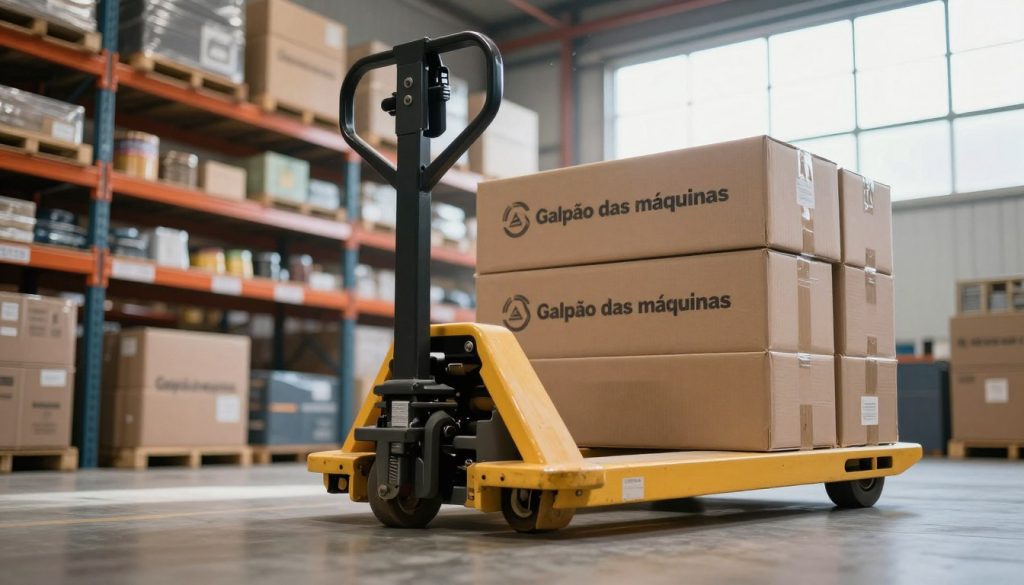 A detailed scene showcasing a manual pallet jack demonstrating its maximum load capacity. In the foreground, a robust pallet jack is positioned centrally, its hydraulic pump and wheels highlighted, loaded with stacked boxes labeled "Galpão das máquinas". In the middle ground, a warehouse setting with shelves filled with merchandise, creating a busy yet organized environment. The background features large windows allowing natural light to stream in, illuminating dust particles in the air. The angle captures the pallet jack from a low perspective, emphasizing its importance in logistics. The atmosphere is professional and dynamic, reflecting an efficient warehouse operation, with soft lighting to enhance visibility and focus on the pallet jack. No text or watermarks present in the image.