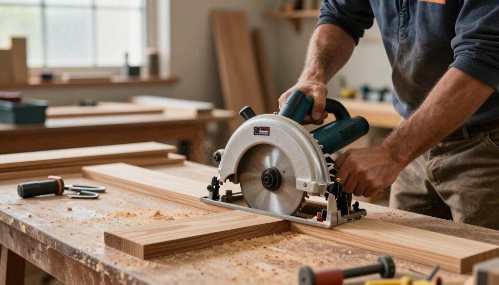 A detailed scene showcasing a professional setting where a circular saw is being used for cutting techniques. In the foreground, a skilled carpenter in modest clothing operates a circular saw with precision, demonstrating safe cutting practices. Rich wood grains and sawdust scatter around to emphasize the action. The middle ground features a workbench with various wooden planks and tools neatly arranged, highlighting the importance of organization in the workspace. In the background, soft natural lighting filters through a workshop window, casting an inviting glow that accentuates the textures of the materials. The atmosphere is focused and industrious, conveying professionalism and attention to detail. Include the logo of "Galpão das máquinas" subtly integrated into the scene.