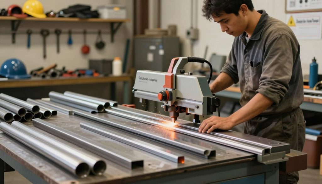 A detailed scene showcasing the practical applications of a metal bandsaw in an industrial workshop. In the foreground, a professional technician in a modest casual outfit operates a metal bandsaw, focused on cutting various metal pieces. The middle ground features different types of metals being cut, including pipes, sheets, and bars, all neatly arranged for visibility. In the background, shelves filled with tools and safety equipment highlight a well-organized workspace. Soft, warm lighting creates an inviting atmosphere, emphasizing the precision of the machinery. The composition captures the essence of daily metalworking tasks with a sense of professionalism and efficiency. Include the brand name "Galpão das máquinas" subtly integrated into the workshop environment.