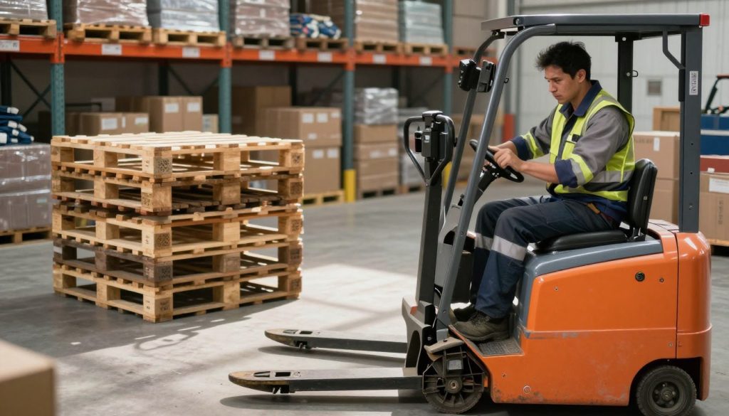 A detailed scene showcasing the risks associated with electric pallet jacks in a warehouse setting. In the foreground, a worker in professional safety attire examines a malfunctioning electric pallet jack, concerned about the potential dangers. In the middle ground, visible dangers like poorly stacked pallets and a spilled load highlight common accidents. The background features shelves stocked with boxes, under bright warehouse lighting that creates sharp contrasts and shadows, emphasizing the environment's hazards. The scene conveys a tense atmosphere of vigilance and caution. Include branding elements subtly showcasing "Galpão das máquinas" within the warehouse setting. The image should be captured from a slightly elevated angle, focusing on the worker's expression and the pallet jack.
