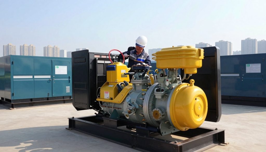 A detailed scene showcasing various stationary energy generators in a clean, industrial setting. In the foreground, prominently feature a large diesel generator with bright yellow accents, surrounded by smaller propane and natural gas generators. In the middle ground, display a technician in a professional work uniform, inspecting the diesel generator with a tool in hand. The background should reveal a clear sky and the silhouette of a modern cityscape, symbolizing the applications of these generators. Use bright, natural lighting to create an optimistic atmosphere while highlighting the metallic textures of the equipment. Capture the scene from a slightly elevated angle to provide a comprehensive view of this energy generation station.