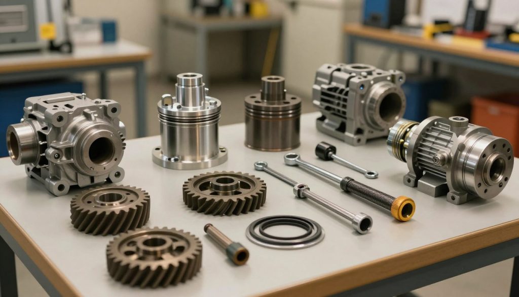 A detailed selection of hydraulic pump components, arranged elegantly on a clean, industrial workbench. In the foreground, showcase essential pieces like gears, pistons, valves, and seals, highlighting their intricate designs and textures. The middle layer should display various tools such as wrenches and measuring instruments, emphasizing the precision required in hydraulic systems. In the background, softly focus on machinery and workshops, with muted colors that suggest an industrial atmosphere. Warm, even lighting creates an inviting yet professional mood, while a slightly elevated angle captures the entire composition, presenting a harmonious blend of engineering and craftsmanship. The image should evoke a sense of careful assembly and provide insight into the functionality of hydraulic systems without any text or distractions.