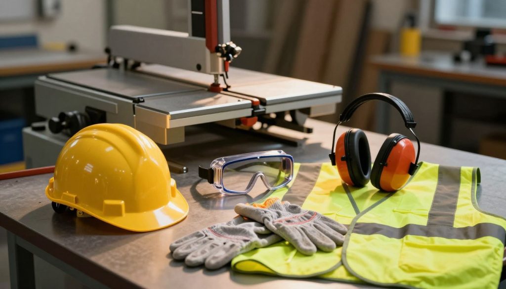 A detailed setup showcasing essential personal protective equipment (PPE) for band saw operation. In the foreground, display a collection of PPE items: a sturdy hard hat, safety goggles, noise-cancelling earmuffs, cut-resistant gloves, and a high-visibility vest, each item meticulously designed with realistic textures and colors. In the middle ground, illustrate a well-organized workspace with a band saw, ensuring all safety gear is prominently placed for easy access. The background features a workshop environment with warm, ambient lighting that highlights the equipment and casts soft shadows, creating a professional and safe atmosphere. The perspective should be a slightly elevated angle, focusing on the PPE arrangement while capturing the essence of a safety-oriented workspace. A detailed setup showcasing essential personal protective equipment (PPE) for band saw operation. In the foreground, display a collection of PPE items: a sturdy hard hat, safety goggles, noise-cancelling earmuffs, cut-resistant gloves, and a high-visibility vest, each item meticulously designed with realistic textures and colors. In the middle ground, illustrate a well-organized workspace with a band saw, ensuring all safety gear is prominently placed for easy access. The background features a workshop environment with warm, ambient lighting that highlights the equipment and casts soft shadows, creating a professional and safe atmosphere. The perspective should be a slightly elevated angle, focusing on the PPE arrangement while capturing the essence of a safety-oriented workspace.
