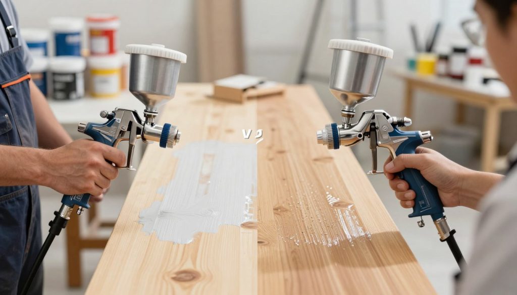 A detailed side-by-side comparison illustration showcasing practical performance of HVLP and LVLP spray guns. In the foreground, two professional painters dressed in modest work attire are using HVLP and LVLP spray guns on wooden surfaces, demonstrating technique and application. The middle ground features a split view of the painted surfaces, one smooth and even from the HVLP gun, and the other with slightly textured finish from the LVLP gun, highlighting their differences. The background is a well-lit workshop environment filled with paint supplies, tools, and a variety of paint colors. Soft, diffuse lighting enhances the colors and textures of the paints, captured with a slightly tilted lens angle for dynamic perspective. The scene conveys a professional and informative atmosphere, suitable for an educational article, with no text or logos present except for the branding "Galpão das máquinas" depicted subtly on the spray guns.