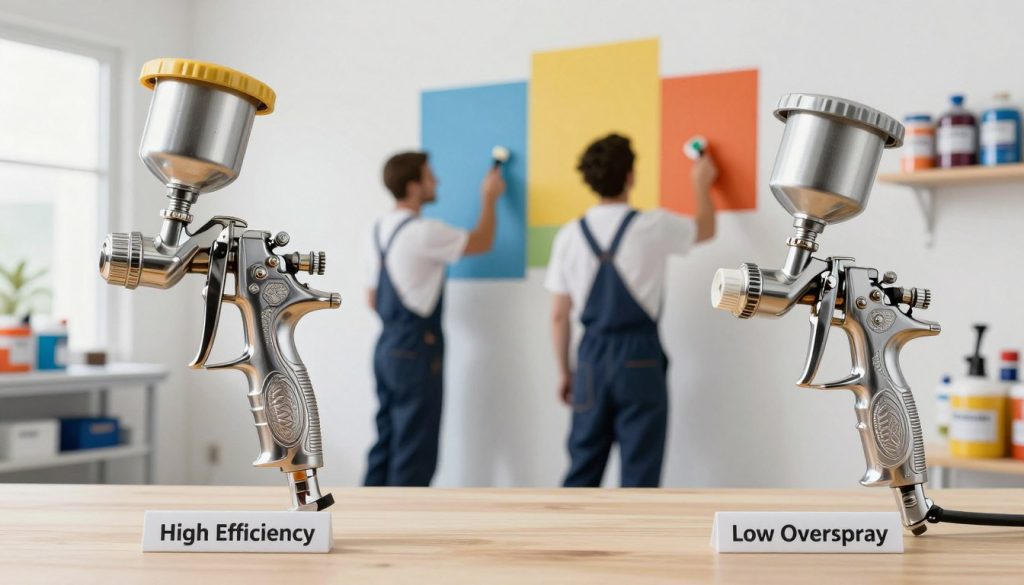 A detailed split image showcasing the advantages and disadvantages of HVLP (High Volume Low Pressure) and LVLP (Low Volume Low Pressure) spray guns. In the foreground, display two ornate spray guns, one labeled HVLP and the other LVLP, embellished with clear labels highlighting key features like “High Efficiency” for HVLP and “Low Overspray” for LVLP. In the middle ground, depict a painter in professional business attire demonstrating each spray gun on a wall, using vibrant colors. The background should feature a bright, well-lit workshop environment with various paint supplies organized neatly, creating an inviting and professional atmosphere. Use soft, natural lighting to enhance the colors and details while avoiding harsh shadows. Include the brand name "Galpão das máquinas" subtly on the workshop wall to enhance branding without detracting from the image's focus.