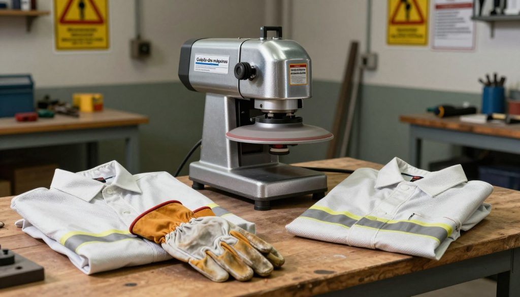 A detailed still life composition showcasing "Galpão das máquinas" protective equipment for grinding operations. In the foreground, a pair of sturdy, leather gloves and a long-sleeved protective shirt are placed on a wooden workbench, highlighting their durability and safety features. In the middle ground, a high-quality grinding machine is prominently displayed, reflecting a polished metallic finish under bright, natural lighting. The background features a blurred workshop environment with tools and safety posters, creating an authentic industrial atmosphere. The scene is balanced with soft shadows to emphasize the equipment's practical use, while maintaining a professional tone. The overall mood conveys a sense of safety and responsibility in equipment handling, perfect for illustrating the importance of protective gear.