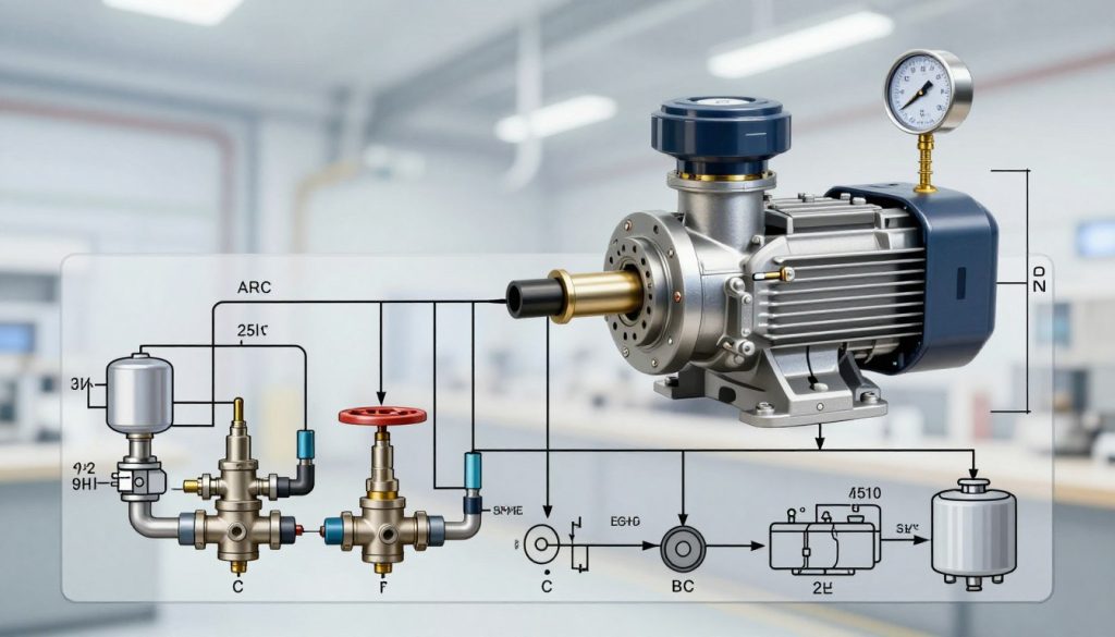A detailed technical illustration depicting the dimensioning of hydraulic systems, focusing on a complex hydraulic circuit diagram. In the foreground, showcase various component symbols like pumps, valves, and tanks, with clear labeling and interconnected piping. The middle ground features a hydraulic pump prominently displayed, demonstrating its function with arrows indicating flow direction and pressure measurements. In the background, include subtle outlines of industrial settings or machinery to give context. The lighting should be bright and evenly distributed to highlight the details, using a slight focus on the pump for clarity. The atmosphere is professional and educational, aimed at conveying a sense of technical expertise and understanding in hydraulic engineering. A detailed technical illustration depicting the dimensioning of hydraulic systems, focusing on a complex hydraulic circuit diagram. In the foreground, showcase various component symbols like pumps, valves, and tanks, with clear labeling and interconnected piping. The middle ground features a hydraulic pump prominently displayed, demonstrating its function with arrows indicating flow direction and pressure measurements. In the background, include subtle outlines of industrial settings or machinery to give context. The lighting should be bright and evenly distributed to highlight the details, using a slight focus on the pump for clarity. The atmosphere is professional and educational, aimed at conveying a sense of technical expertise and understanding in hydraulic engineering.