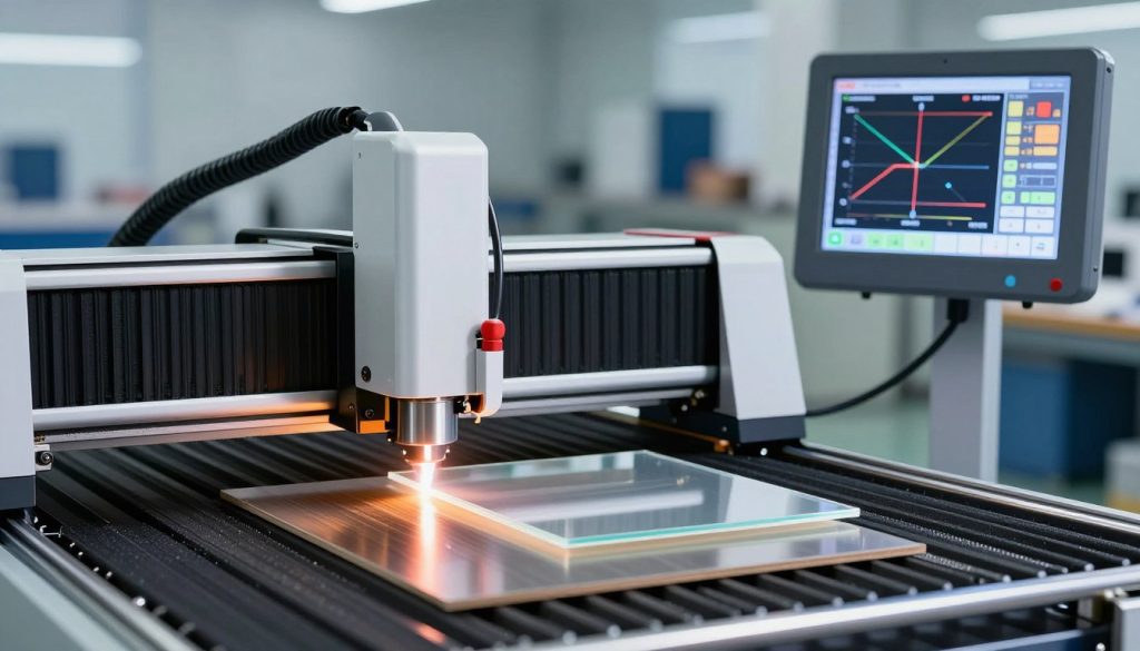 A detailed technical illustration focusing on the key parameters of laser cutting, emphasizing precision and clarity. In the foreground, showcase a sleek laser cutter with its beam visibly cutting through various materials like metal, wood, and acrylic. The middle ground should include a close-up view of a control panel displaying digital metrics such as speed, power, and frequency, with illuminated indicators for clarity. The background should feature a workshop environment with soft diffused lighting highlighting the cutting process, creating an atmosphere of innovation and high-tech manufacturing. Ensure the image conveys a sense of professionalism and expertise, suitable for a technical audience. A detailed technical illustration focusing on the key parameters of laser cutting, emphasizing precision and clarity. In the foreground, showcase a sleek laser cutter with its beam visibly cutting through various materials like metal, wood, and acrylic. The middle ground should include a close-up view of a control panel displaying digital metrics such as speed, power, and frequency, with illuminated indicators for clarity. The background should feature a workshop environment with soft diffused lighting highlighting the cutting process, creating an atmosphere of innovation and high-tech manufacturing. Ensure the image conveys a sense of professionalism and expertise, suitable for a technical audience.