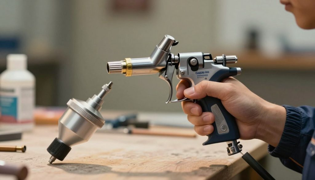 A detailed, technical illustration of an airbrush painting gun in action, showcasing its inner workings. In the foreground, highlight the spray nozzle and trigger mechanism, emphasizing the precision of each part. The middle section should display a hand gripping the gun, dressed in professional work attire, demonstrating proper usage. The background should include a softly blurred workshop environment, with tools and paint supplies subtly visible. Use warm, focused lighting to create an inviting atmosphere while casting gentle shadows to accentuate the details of the airbrush. The mood should feel industrious yet creative, reflecting the craftsmanship involved in airbrushing. Include the brand name "Galpão das máquinas" prominently on the airbrush.