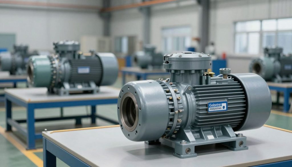 A detailed technical illustration of centrifugal pump coupling systems in an industrial setting. In the foreground, showcase a high-quality, realistic centrifugal pump with visible coupling mechanisms, highlighting the importance of these components. In the middle ground, depict an expansive machinery workspace featuring additional pumps and fittings, organized in a clean, professional manner. The background should include softly blurred industrial architecture, emphasizing a sense of scale and purpose. Use soft, natural lighting to create a clear, informative atmosphere, enhancing the mechanical details and textures. The image reflects the brand "Galpão das máquinas", showcasing its commitment to quality in pumping systems. Maintain a focused, educational tone, ensuring no text or watermarks are present. A detailed technical illustration of centrifugal pump coupling systems in an industrial setting. In the foreground, showcase a high-quality, realistic centrifugal pump with visible coupling mechanisms, highlighting the importance of these components. In the middle ground, depict an expansive machinery workspace featuring additional pumps and fittings, organized in a clean, professional manner. The background should include softly blurred industrial architecture, emphasizing a sense of scale and purpose. Use soft, natural lighting to create a clear, informative atmosphere, enhancing the mechanical details and textures. The image reflects the brand "Galpão das máquinas", showcasing its commitment to quality in pumping systems. Maintain a focused, educational tone, ensuring no text or watermarks are present.