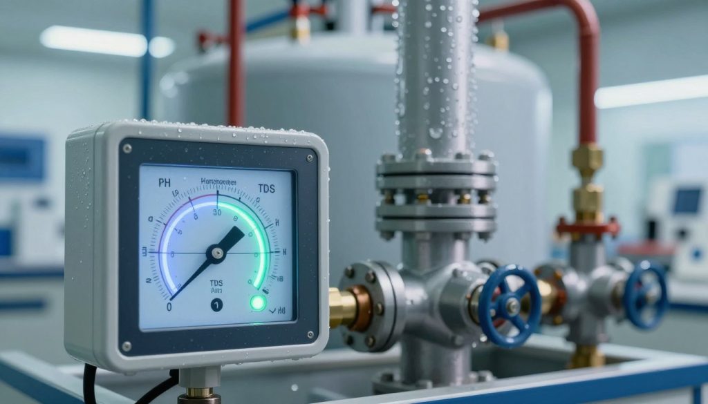 A detailed, technical illustration of essential water quality parameters for a boiler. In the foreground, display a digital gauge panel with clearly marked readings for pH, TDS (Total Dissolved Solids), hardness, and other key measures, all illuminated with soft blue and green lights. In the middle ground, show a boiler unit with pipes and valves, glistening with condensation, against a backdrop of structured industrial design. The background should feature faintly blurred laboratory equipment, emphasizing a scientific environment. Utilize bright, focused lighting to enhance the technical atmosphere, with slight shadows to create depth. The mood should be professional and informative, capturing the essence of water quality testing and its relevance to boiler efficiency.