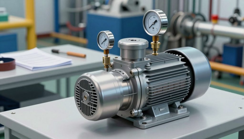 A detailed technical illustration showing the parameters of a vacuum pump in an industrial setting. In the foreground, there's a close-up of a vacuum pump showcasing its intricate components like the motor, gauges, and vacuum gauge. The middle ground includes a well-organized workbench with tools and manuals, emphasizing the technical environment. In the background, vibrant factory machinery and pipes create depth, hinting at the vacuum pump's role in a larger system. Soft, diffused lighting highlights the metallic surfaces, casting gentle shadows to enhance the 3D effect. The overall atmosphere is focused and professional, representing a meticulous approach to understanding vacuum pump flow characteristics without any distractions or text. A detailed technical illustration showing the parameters of a vacuum pump in an industrial setting. In the foreground, there's a close-up of a vacuum pump showcasing its intricate components like the motor, gauges, and vacuum gauge. The middle ground includes a well-organized workbench with tools and manuals, emphasizing the technical environment. In the background, vibrant factory machinery and pipes create depth, hinting at the vacuum pump's role in a larger system. Soft, diffused lighting highlights the metallic surfaces, casting gentle shadows to enhance the 3D effect. The overall atmosphere is focused and professional, representing a meticulous approach to understanding vacuum pump flow characteristics without any distractions or text.