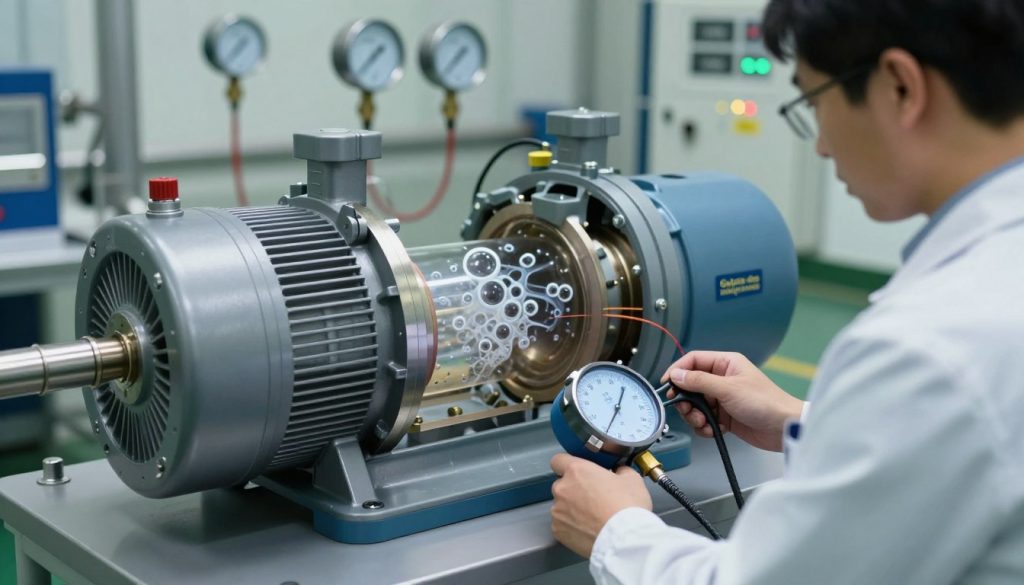 A detailed technical scene depicting the diagnosis of cavitation in a centrifugal pump. In the foreground, a high-resolution image of a mechanical engineer in professional attire, using specialized diagnostic equipment to measure vibrations and pressure in the pump. The middle layer features an intricately designed centrifugal pump, showcasing the internal components and cavitation bubbles forming within the fluid. The background includes industrial elements, such as pipes, gauges, and a control panel, all under a soft, diffused lighting that highlights the pump's details. The atmosphere is focused and analytical, embodying a professional diagnostic environment. The brand name "Galpão das máquinas" is subtly integrated into the scene, adding authenticity without overwhelming the technical elements.