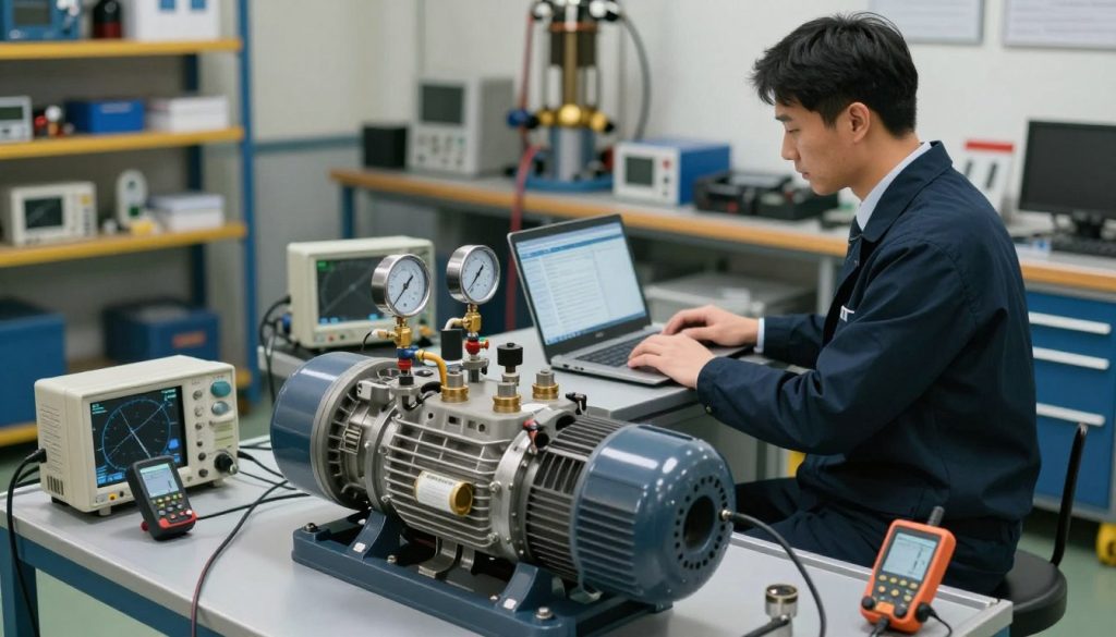 A detailed technical scene illustrating the diagnosis of noise in hydraulic pumps. In the foreground, a hydraulic pump with visible components like valves and pressure gauges, surrounded by diagnostic tools such as oscilloscopes and sound level meters. The middle ground features a technician in professional business attire, intently analyzing data on a laptop while monitoring the pump's performance. The background is a well-equipped workshop with tool shelves and hydraulic systems, illuminated by soft, focused overhead lighting. The atmosphere conveys a sense of precision and focus, highlighting the importance of accurate diagnosis in addressing excessive noise issues. The composition should have a slightly elevated angle to showcase both the pump and the technician's work in a clear, professional context. A detailed technical scene illustrating the diagnosis of noise in hydraulic pumps. In the foreground, a hydraulic pump with visible components like valves and pressure gauges, surrounded by diagnostic tools such as oscilloscopes and sound level meters. The middle ground features a technician in professional business attire, intently analyzing data on a laptop while monitoring the pump's performance. The background is a well-equipped workshop with tool shelves and hydraulic systems, illuminated by soft, focused overhead lighting. The atmosphere conveys a sense of precision and focus, highlighting the importance of accurate diagnosis in addressing excessive noise issues. The composition should have a slightly elevated angle to showcase both the pump and the technician's work in a clear, professional context.