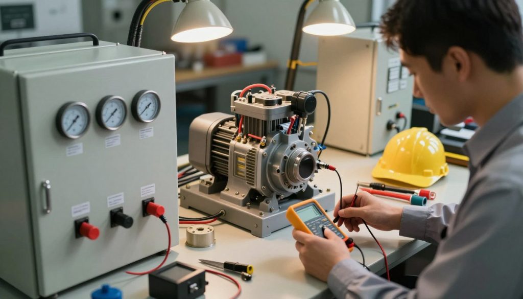 A detailed technical workspace showcasing electrical verification of hydraulic pump controls. In the foreground, a technician wearing professional business attire is checking a sophisticated control panel with various gauges and switches, using a multimeter. The middle ground features an open hydraulic pump with visible wiring and sensors, surrounded by tools and safety equipment. The background includes a well-lit workshop with hanging lights, providing warm illumination that highlights the intricate details of the equipment. The atmosphere is focused and professional, conveying a sense of diligence and safety in the workspace. Capture the scene from a slightly elevated angle to emphasize depth and detail, ensuring clarity in the technical components.