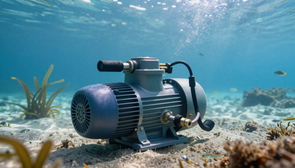 A detailed underwater scene showcasing a submersible pump in action, surrounded by clear blue water. In the foreground, the submersible pump is prominently displayed, featuring intricate components like wires, valves, and the motor casing. The middle ground includes small fish and aquatic plants, adding life to the environment, while the background displays a sandy ocean floor and soft rays of sunlight filtering through the surface, creating a serene and tranquil atmosphere. The lighting is bright yet soft, mimicking natural underwater illumination. The angle is slightly tilted upwards to emphasize the pump's structure and importance. The overall mood is calm and professional, conveying the sophisticated technology behind submersible pumps.