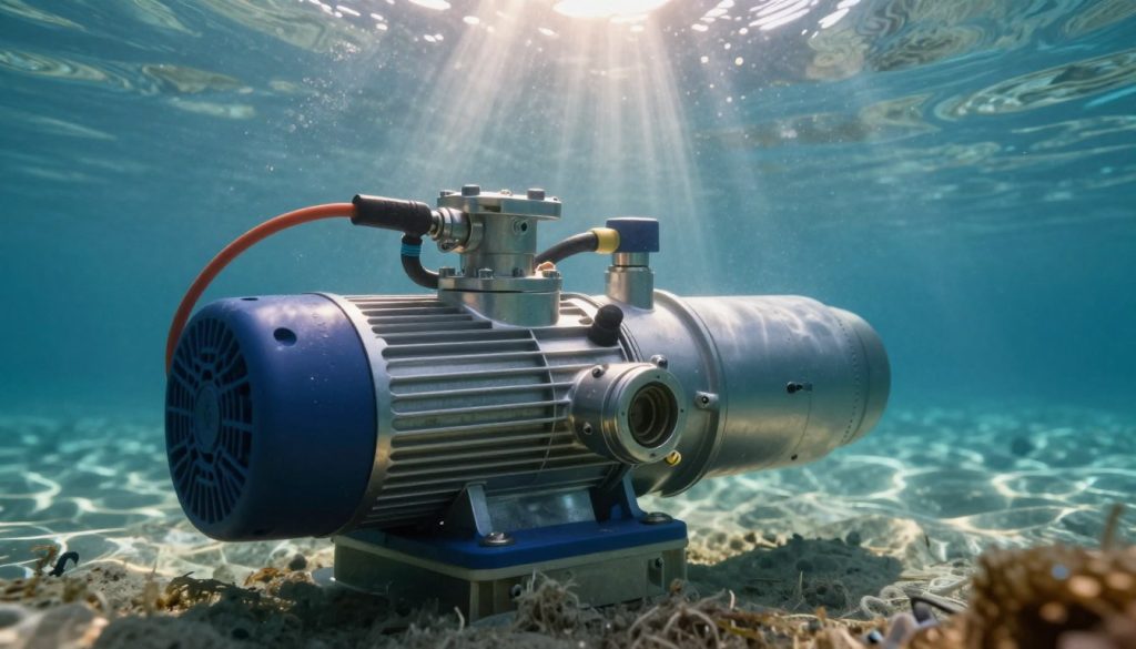 A detailed underwater scene showcasing a submersible pump in action. In the foreground, the pump is prominently displayed, showcasing its robust design with metallic casing and vibrant colored cables. The middle ground features clear water with gentle ripples, allowing visibility of the pump's features, such as the intake and discharge valves. In the background, soft beams of sunlight penetrate the water, creating a serene and illuminating atmosphere that accentuates the details of the pump and surrounding aquatic environment. The overall mood is professional, highlighting the technology of submersible pumps, with a focus on clarity and technical precision. Aim for a slightly angled perspective to enhance the three-dimensional feel, reminiscent of a technical brochure image. A detailed underwater scene showcasing a submersible pump in action. In the foreground, the pump is prominently displayed, showcasing its robust design with metallic casing and vibrant colored cables. The middle ground features clear water with gentle ripples, allowing visibility of the pump's features, such as the intake and discharge valves. In the background, soft beams of sunlight penetrate the water, creating a serene and illuminating atmosphere that accentuates the details of the pump and surrounding aquatic environment. The overall mood is professional, highlighting the technology of submersible pumps, with a focus on clarity and technical precision. Aim for a slightly angled perspective to enhance the three-dimensional feel, reminiscent of a technical brochure image.
