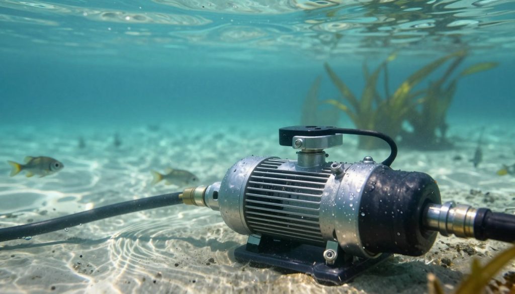 A detailed underwater scene showcasing a submersible pump installed in a clear, serene body of water. In the foreground, focus on the pump's metallic structure with intricate components, featuring hoses and electrical connections glistening with droplets. The middle ground should depict a soft ripple effect around the pump, with small fish swimming curiously nearby, highlighting the ecosystem thriving around the technology. In the background, gentle aquatic plants sway with the current, hinting at the natural environment. The lighting is bright yet diffused, simulating sunlight filtering through the water, creating a tranquil, efficient atmosphere. Use a wide-angle lens perspective to capture the depth and clarity of the underwater setting.