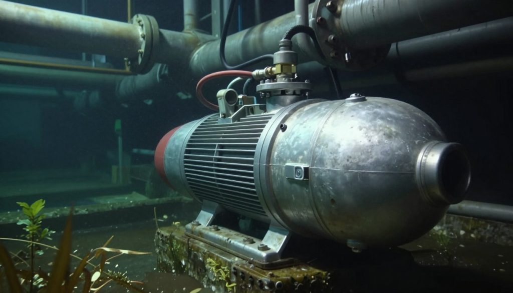 A detailed underwater scene showcasing a submersible sewage pump. In the foreground, the pump is prominently displayed, featuring a robust metallic casing with intricate piping and electrical connections. The pump's surface shows slight wear, suggesting regular use in harsh environments. In the middle, a murky water environment highlights the pump's function, with some plant life and debris typical of sewage systems subtly included. The background features industrial elements like large underground pipes and dim lighting that creates a moody atmosphere. Use soft, diffused lighting to evoke an atmosphere of functionality and industrial efficiency. The angle should be slightly below the pump, giving a sense of towering presence. Ensure there are no human figures in the image.