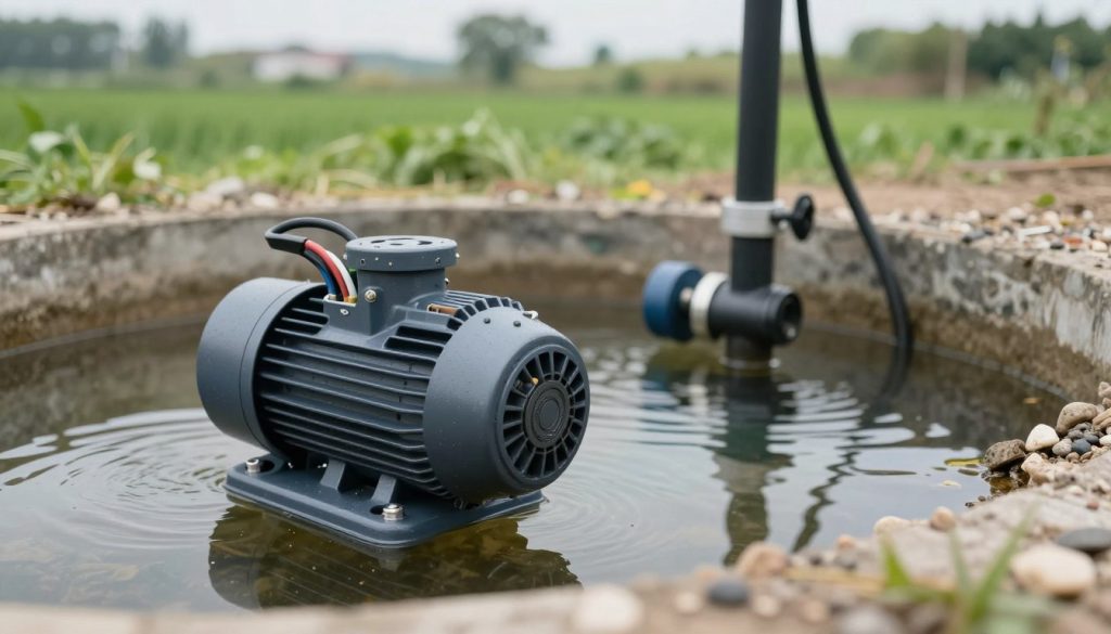 A detailed underwater submersible pump designed for wells, showcased in a clear and informative manner. In the foreground, the pump displays intricate machinery with visible wiring and components, casting gentle reflections in the water. In the middle ground, the pump is partially submerged in a well, surrounded by a mixture of gravel and water, illustrating its practical application. The background features a blurred rural setting with green grass and trees, indicating an agricultural area. Soft, natural lighting enhances the image, creating a calm and practical atmosphere. The perspective is slightly tilted to emphasize the pump's structure while capturing the surrounding environment, conveying the effectiveness of submersible pumps in drainage systems. A detailed underwater submersible pump designed for wells, showcased in a clear and informative manner. In the foreground, the pump displays intricate machinery with visible wiring and components, casting gentle reflections in the water. In the middle ground, the pump is partially submerged in a well, surrounded by a mixture of gravel and water, illustrating its practical application. The background features a blurred rural setting with green grass and trees, indicating an agricultural area. Soft, natural lighting enhances the image, creating a calm and practical atmosphere. The perspective is slightly tilted to emphasize the pump's structure while capturing the surrounding environment, conveying the effectiveness of submersible pumps in drainage systems.
