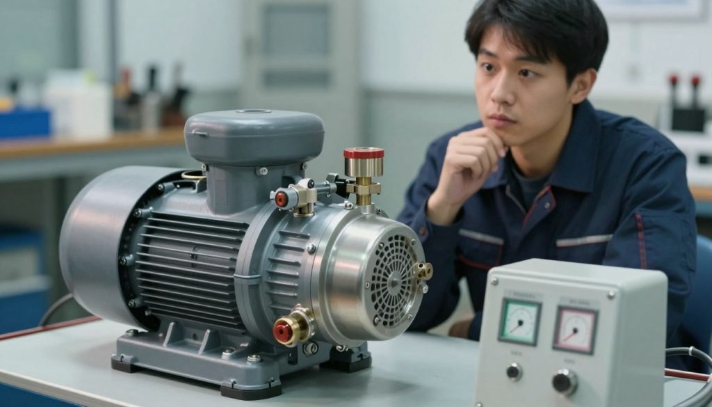 A detailed vacuum pump in a well-lit industrial setting, focusing on its intricate components like the motor, valves, and seals. The foreground features a close-up of the pump's control panel with indicators showing operational status, surrounded by subtle reflections and highlights that emphasize its metallic surface. In the middle ground, a technician in professional attire observes the pump with a critical eye, showcasing a thoughtful expression as they assess potential operational issues. The background displays a clean, organized workshop environment with tools and equipment neatly arranged, emphasizing a sense of professionalism and attention to maintenance. Soft, diffused lighting casts gentle shadows, creating an atmosphere of seriousness yet innovation, ideal for discussing longevity and operational challenges in vacuum pumps. A detailed vacuum pump in a well-lit industrial setting, focusing on its intricate components like the motor, valves, and seals. The foreground features a close-up of the pump's control panel with indicators showing operational status, surrounded by subtle reflections and highlights that emphasize its metallic surface. In the middle ground, a technician in professional attire observes the pump with a critical eye, showcasing a thoughtful expression as they assess potential operational issues. The background displays a clean, organized workshop environment with tools and equipment neatly arranged, emphasizing a sense of professionalism and attention to maintenance. Soft, diffused lighting casts gentle shadows, creating an atmosphere of seriousness yet innovation, ideal for discussing longevity and operational challenges in vacuum pumps.