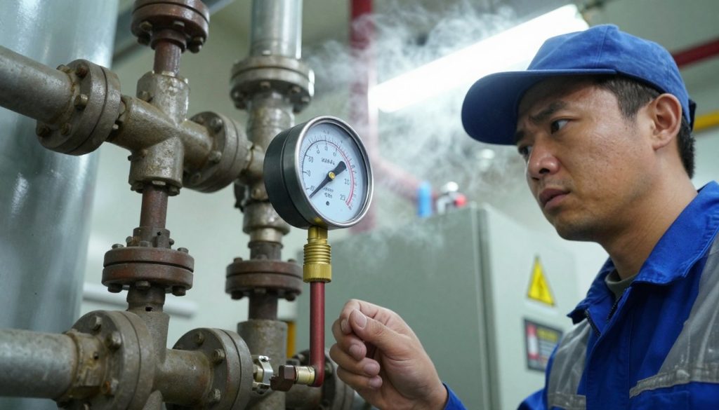 A detailed view of a boiler control panel displaying an operational temperature gauge, with clear readings in the red zone, indicating dangerously high temperatures. In the foreground, a technician in professional attire is inspecting the gauge with a concerned expression, ensuring safety. The middle ground features pipes and valves connected to the boiler, showcasing wear and potential stress due to high temperatures. The background includes an industrial setting with steam rising and warning signs about high temperature hazards. The scene is illuminated with harsh, bright overhead lights, emphasizing the seriousness of the situation. The mood conveys tension and urgency, highlighting the risks associated with incorrect operational temperatures. Capture this from a slightly low angle to enhance the sense of scale and importance. A detailed view of a boiler control panel displaying an operational temperature gauge, with clear readings in the red zone, indicating dangerously high temperatures. In the foreground, a technician in professional attire is inspecting the gauge with a concerned expression, ensuring safety. The middle ground features pipes and valves connected to the boiler, showcasing wear and potential stress due to high temperatures. The background includes an industrial setting with steam rising and warning signs about high temperature hazards. The scene is illuminated with harsh, bright overhead lights, emphasizing the seriousness of the situation. The mood conveys tension and urgency, highlighting the risks associated with incorrect operational temperatures. Capture this from a slightly low angle to enhance the sense of scale and importance.