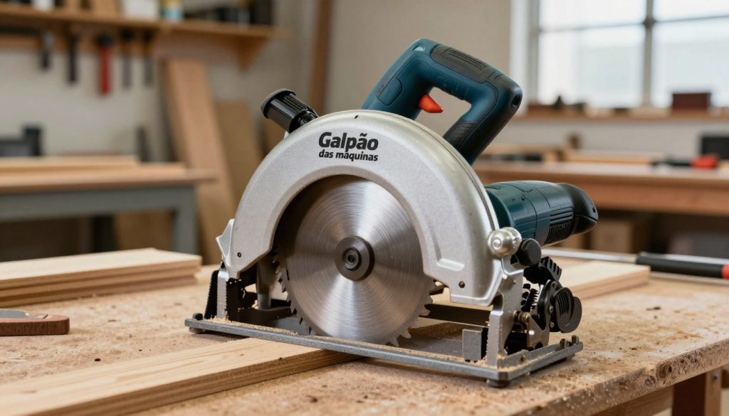 A detailed view of a high-quality circular saw, specifically branded "Galpão das máquinas", is featured prominently in the foreground. The saw's blade gleams under bright workshop lighting, highlighting its sharp teeth and robust build. In the middle ground, a well-organized professional woodworking shop showcases neatly arranged wooden planks and tools, emphasizing the environment where the saw is used. Background elements include a workbench, a wall adorned with hand tools, and a window allowing natural light to filter in, creating a warm atmosphere. The angle captures the saw from a slightly elevated perspective, enhancing its importance as a key tool in woodworking. The mood is industrious and focused, reflecting the professionalism of carpentry and craftsmanship.
