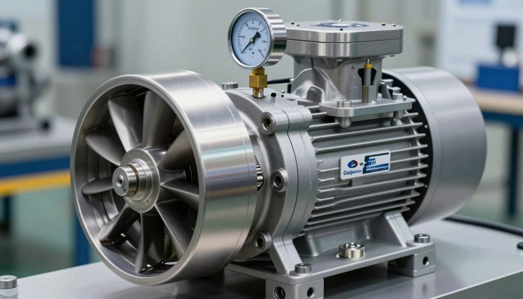 A detailed view of a modern centrifugal pump, emphasizing its mechanics and components. In the foreground, the pump is viewed at a slight angle, showcasing the impeller, volute, and inlet/outlet pipes, all made of stainless steel with a polished finish. In the middle ground, a digital pressure gauge is illuminated, displaying precise pressure readings, highlighting the working pressure aspect. The background should feature a subtle industrial setting with soft, diffused lighting that enhances the metallic surfaces without harsh shadows. Include a brand logo "Galpão das máquinas" subtly integrated into the design. The atmosphere should convey a sense of engineering precision and efficiency, perfect for an informative article on pump fundamentals.