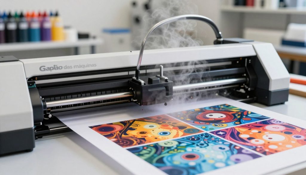 A detailed view of a modern inkjet plotter in a bright, well-lit workshop environment, showcasing the intricate mechanics of ink drying. In the foreground, vibrant colors of freshly printed images are visible, with droplets of ink still visible on the paper. In the middle ground, the plotter itself, branded "Galpão das máquinas," is prominently featured, with steam and slight haze illustrating the drying process. In the background, shelves lined with various inks and tools hint at the craftsmanship involved in high-quality printing. The atmosphere is a blend of technological innovation and creative artistry, illuminated by soft, diffused lighting aimed to highlight the texture of the printed paper. Shot from a slightly elevated angle to capture the entirety of the machine and the effects of drying ink.