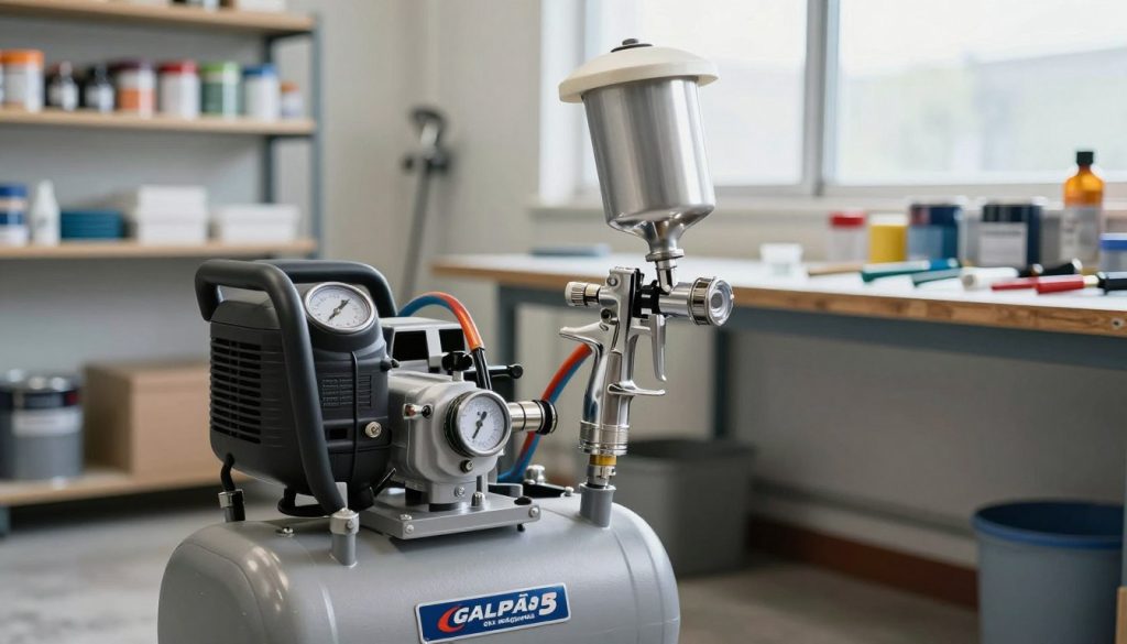 A detailed view of a paint spray system configuration in a well-lit workshop setting. In the foreground, a high-quality air compressor featuring a Galpão das máquinas logo, sturdy and compact, with visible dials and hoses. Beside it, a professional-grade paint gun, sleek and metallic, connected to the compressor with vibrant hoses, showcasing their interconnection. The middle ground reveals a workbench with paint cans and tools neatly arranged, emphasizing a sense of organization and readiness for work. The background displays shelves stocked with painting supplies and a window allowing natural light to illuminate the scene, creating a bright and motivating atmosphere. The angle captures the essence of efficiency and craftsmanship, highlighting the relationship between the compressor and paint gun. The overall mood is professional and industrious, ideal for illustrating a technical setup.
