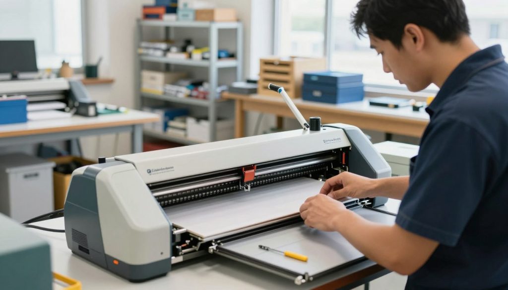 A detailed view of a plotter undergoing maintenance in a well-lit workshop environment. In the foreground, a technician in professional attire carefully examines the internal components of the plotter, with tools laid out neatly beside them. The plotter, branded "Galpão das máquinas," shows signs of being serviced, with opened access panels revealing intricate wiring and mechanisms. In the middle ground, shelves filled with spare parts and maintenance manuals can be seen, creating an organized yet busy atmosphere. The background features large windows allowing natural light to flood in, enhancing the overall clarity and focus of the scene. The mood is focused and industrious, capturing the essence of monthly and quarterly maintenance procedures.