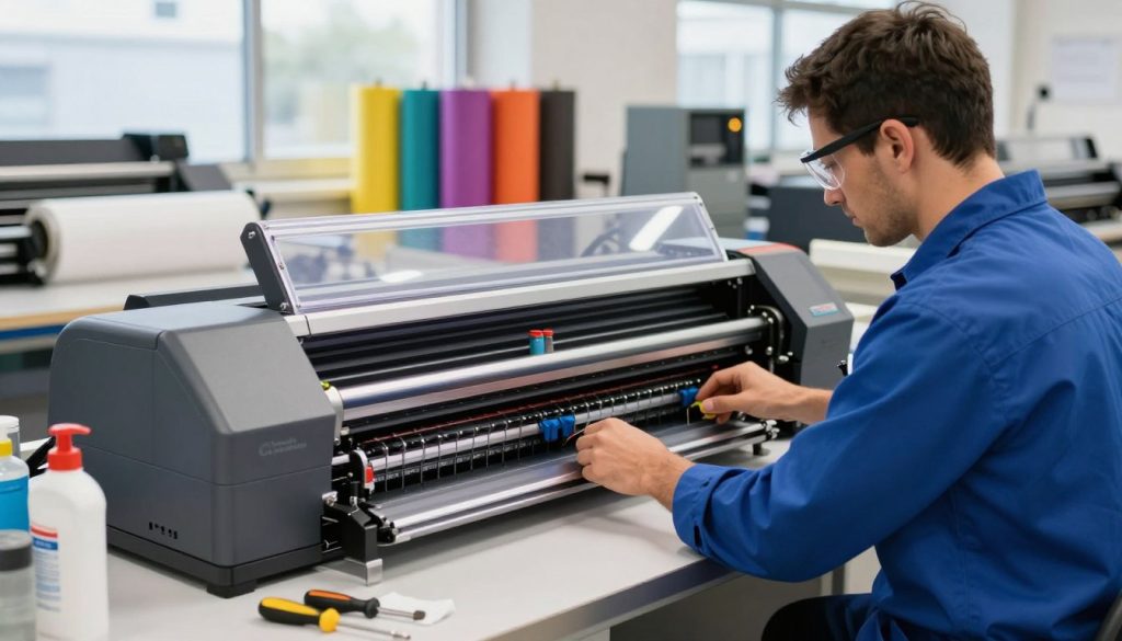 A detailed view of a professional technician performing maintenance on a large-format plotter in a well-lit print shop. The technician, dressed in a blue work shirt and safety goggles, is carefully inspecting the internal mechanisms of the plotter. The foreground shows tools such as screwdrivers and cleaning supplies on a workstation. In the middle ground, the plotter is prominently displayed, with vivid colors from ink cartridges visible behind clear covers. The background showcases vivid rolls of printing media and other graphic design equipment. Soft natural lighting pours in from large windows, creating a clean and productive atmosphere. The brand name "Galpão das máquinas" is subtly integrated into the design of the workstation without being prominent. The mood is focused and professional, emphasizing the importance of maintenance and care in the printing industry. A detailed view of a professional technician performing maintenance on a large-format plotter in a well-lit print shop. The technician, dressed in a blue work shirt and safety goggles, is carefully inspecting the internal mechanisms of the plotter. The foreground shows tools such as screwdrivers and cleaning supplies on a workstation. In the middle ground, the plotter is prominently displayed, with vivid colors from ink cartridges visible behind clear covers. The background showcases vivid rolls of printing media and other graphic design equipment. Soft natural lighting pours in from large windows, creating a clean and productive atmosphere. The brand name "Galpão das máquinas" is subtly integrated into the design of the workstation without being prominent. The mood is focused and professional, emphasizing the importance of maintenance and care in the printing industry.