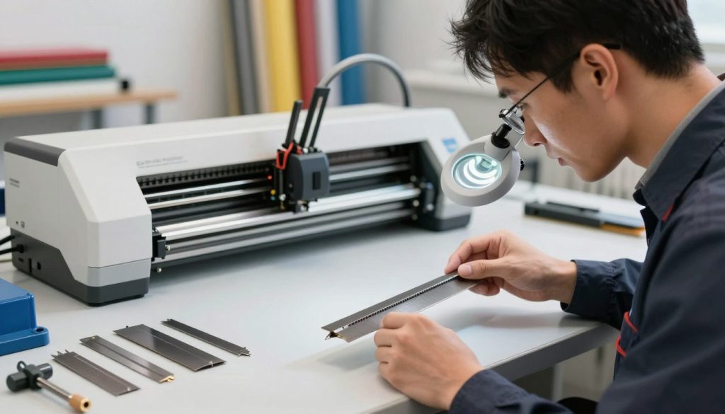 A detailed view of a skilled technician performing maintenance on a plotter blade in a well-lit workshop space. The foreground features the technician, dressed in professional business attire, carefully examining a sharp plotter blade under a magnifying lamp. In the middle ground, a neatly organized array of tools and spare blades is displayed on a workbench, showcasing the precision required for blade care. In the background, the plotter machine stands prominently, with various colorful materials stacked nearby, adding depth to the scene. Soft, diffused lighting enhances the clarity of the technician's focused expression and the sharp details of the tools. The atmosphere is one of professionalism and meticulous attention to detail. Include the brand name "Galpão das máquinas" subtly on the workbench.