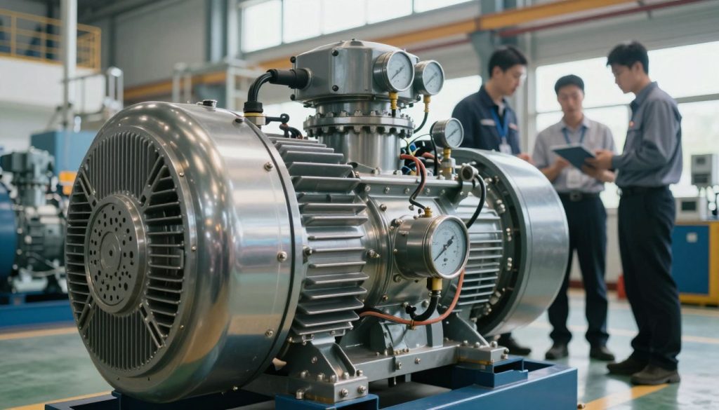 A detailed view of an energy generator in an industrial setting, showcasing its robust design and mechanical components. In the foreground, highlight the generator with intricate details like wires, gauges, and metal casing reflecting a polished finish. Move to the middle ground to include technicians in professional business attire, inspecting and maintaining the generator, emphasizing their focus and professionalism. In the background, a well-structured industrial environment with other machinery and equipment, subtly lit to convey an engaging and productive atmosphere. The lighting should be bright and natural, enhancing the metallic textures and creating a sense of clarity. Capture this scene with a slightly low angle to give the generator an imposing presence, reflecting its importance in energy production and longevity. A detailed view of an energy generator in an industrial setting, showcasing its robust design and mechanical components. In the foreground, highlight the generator with intricate details like wires, gauges, and metal casing reflecting a polished finish. Move to the middle ground to include technicians in professional business attire, inspecting and maintaining the generator, emphasizing their focus and professionalism. In the background, a well-structured industrial environment with other machinery and equipment, subtly lit to convey an engaging and productive atmosphere. The lighting should be bright and natural, enhancing the metallic textures and creating a sense of clarity. Capture this scene with a slightly low angle to give the generator an imposing presence, reflecting its importance in energy production and longevity.