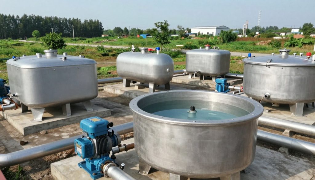 A detailed view of hydraulic reservoirs in a variety of styles, showcasing their importance in hydraulic systems. In the foreground, highlight a modern cylindrical reservoir made of steel, with clear water visible inside, equipped with a hydraulic pump on one side. In the middle ground, depict different types of reservoirs, including rectangular, elliptical, and underground options, each connected to systems piping. The background should feature a lush green landscape with trees and a distant industrial facility under a bright blue sky. Use soft, natural lighting to create a serene atmosphere, emphasizing the functionality and importance of these reservoirs. Capture the scene with a wide-angle lens from a slightly elevated angle, enhancing depth and perspective.