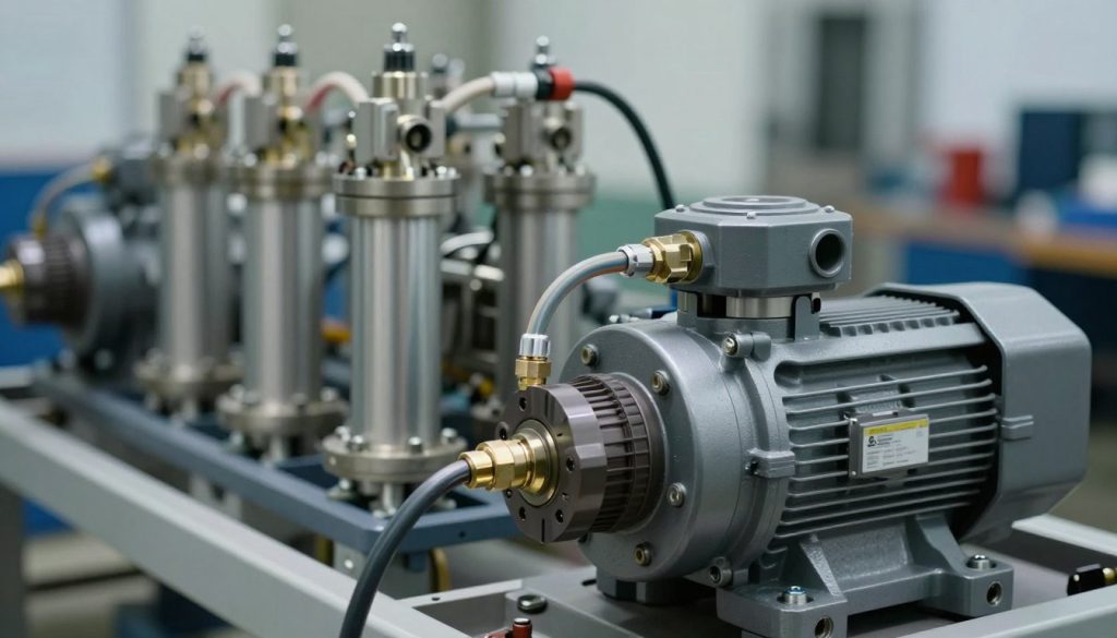 A detailed view of hydraulic system components, featuring a hydraulic pump and various valves prominently in the foreground. Highlight the intricate mechanisms and connections, showcasing tubing and fittings that connect to the pump, conveying their functional relationship. In the middle ground, include a range of hydraulic cylinders and actuators, seamlessly integrated into the system. The background should suggest an industrial setting with soft, diffused lighting to emphasize the components without harsh shadows. Use a slight angle to create depth, highlighting the functionality and engineering of the setup. The mood should be technical yet inviting, inspiring a sense of innovation and efficiency within hydraulic systems. No text or branding is included. A detailed view of hydraulic system components, featuring a hydraulic pump and various valves prominently in the foreground. Highlight the intricate mechanisms and connections, showcasing tubing and fittings that connect to the pump, conveying their functional relationship. In the middle ground, include a range of hydraulic cylinders and actuators, seamlessly integrated into the system. The background should suggest an industrial setting with soft, diffused lighting to emphasize the components without harsh shadows. Use a slight angle to create depth, highlighting the functionality and engineering of the setup. The mood should be technical yet inviting, inspiring a sense of innovation and efficiency within hydraulic systems. No text or branding is included.