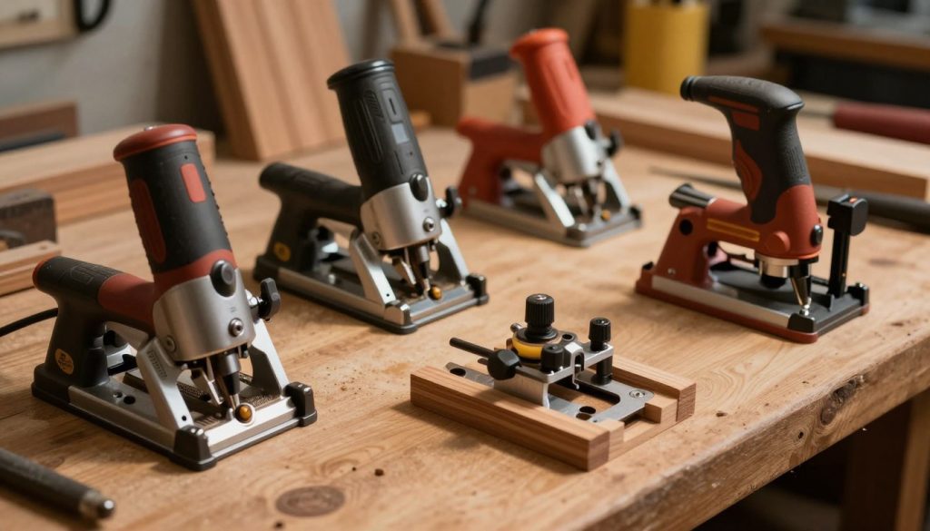 A detailed woodworking router setup in a workshop environment, featuring various types of woodworking routers arranged on a wooden workbench. In the foreground, focus on a handheld router with finely crafted wooden edges, showing intricate adjustments being made. In the middle, include additional router types like plunge routers and fixed-base routers, each with distinctive features highlighted. In the background, soft ambient lighting enhances the warm tones of the wood and tools, casting gentle shadows for depth. The atmosphere should feel professional and inviting, capturing a moment of precision in woodworking. Use a slightly elevated angle to showcase the tools in use, emphasizing their significance in the wood machining process.