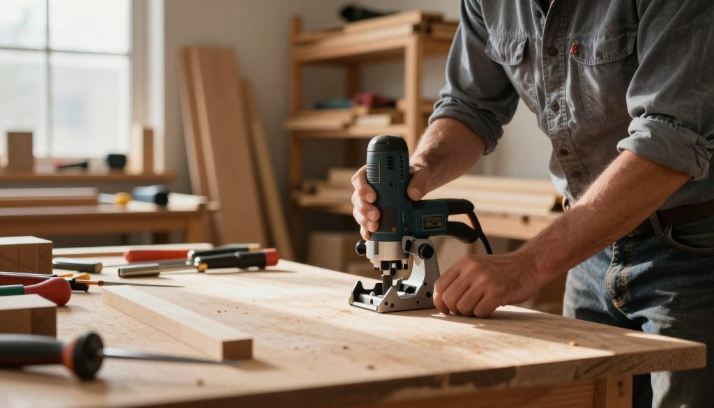 A detailed woodworking scene focused on a professional carpenter adjusting a router. In the foreground, the carpenter, dressed in a smart work shirt and sturdy jeans, leans over a router table, carefully calibrating the depth setting with precision. The router, a well-crafted power tool, is prominently displayed, showcasing its detailed design and adjustment mechanisms. In the middle ground, various woodworking tools and materials are neatly organized, emphasizing the complexity and craftsmanship involved in woodworking projects. The background features a well-lit workshop with wooden beams and shelves filled with lumber, creating a warm, inviting atmosphere. Soft, natural light filters through a window, casting gentle shadows that enhance the focus on the router and the task at hand. The overall mood is one of skill and concentration, capturing the essence of woodworking expertise.