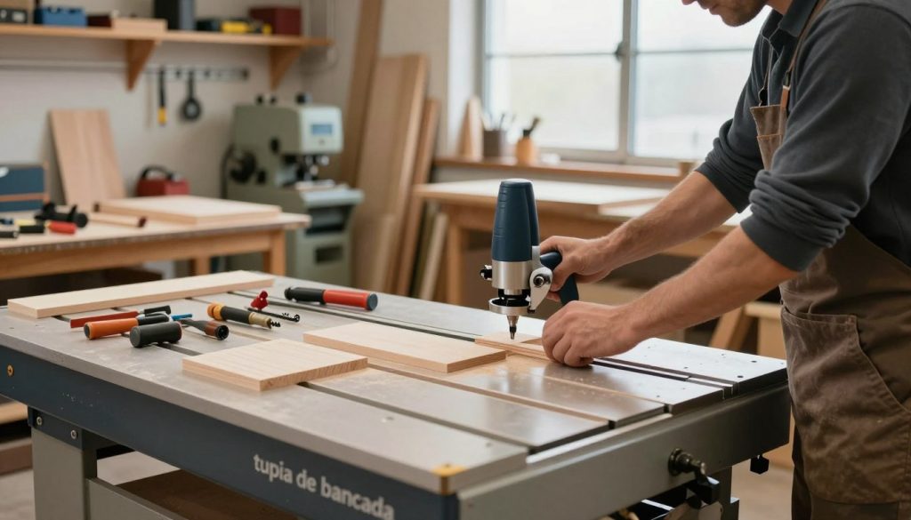 A detailed workshop scene featuring a "tupia de bancada" (router table) prominently in the foreground, showcasing its various components like the router bits and adjustable settings. The middle ground includes neatly organized tools, wood pieces ready for shaping, and a professional woodworker wearing modest casual clothing, skillfully demonstrating how to adjust the router's settings. The background reveals a well-lit, organized workshop filled with wooden shelves, machinery, and a large window allowing natural light to pour in, enhancing the atmosphere of craftsmanship. Use soft, warm lighting to create a focused yet inviting ambiance, emphasizing the precision and importance of the cutting direction in woodworking.