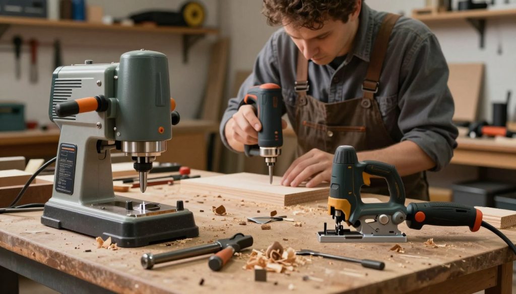 A detailed workshop scene showcasing alternative machining tools to a router. In the foreground, display a variety of tools such as a handheld milling machine, a jigsaw, and a rotary tool, all arranged on a workbench cluttered with wood shavings and metal fragments. The middle background features a craftsman in professional attire, focused on using the rotary tool, demonstrating precision in a wood project. The background includes shelves lined with additional tools and materials, with warm workshop lighting casting soft shadows. Capture the atmosphere of creativity and craftsmanship, using a shallow depth of field to highlight the tools while slightly blurring the background. The composition should evoke a sense of exploration and innovation in machining practices.