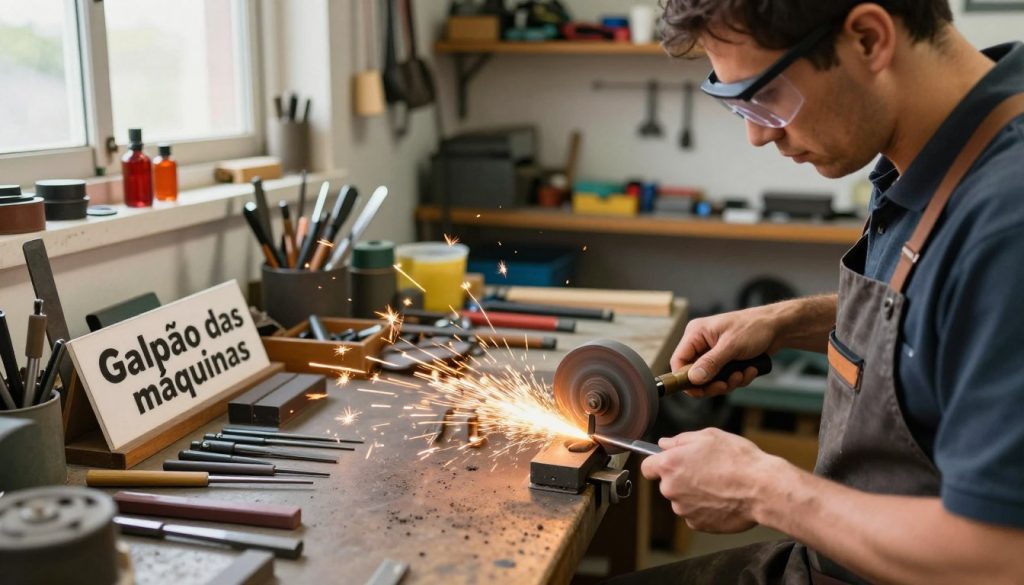 A detailed workshop scene showcasing "técnicas de afiação" with an emphasis on using a grinding machine for tool sharpening. In the foreground, a focused technician wearing a professional apron and safety goggles is guiding a chisel against a spinning grinding wheel, sparks flying from the grinding action. In the middle ground, a well-organized workbench is filled with various sharpening tools, including files and whetstones, with a branded sign "Galpão das máquinas" prominently displayed. The background features shelves stocked with tools and equipment, bathed in warm, natural lighting filtering through a nearby window. The atmosphere is industrious and focused, capturing the essence of skilled craftsmanship in a well-lit, safe workshop environment. A detailed workshop scene showcasing "técnicas de afiação" with an emphasis on using a grinding machine for tool sharpening. In the foreground, a focused technician wearing a professional apron and safety goggles is guiding a chisel against a spinning grinding wheel, sparks flying from the grinding action. In the middle ground, a well-organized workbench is filled with various sharpening tools, including files and whetstones, with a branded sign "Galpão das máquinas" prominently displayed. The background features shelves stocked with tools and equipment, bathed in warm, natural lighting filtering through a nearby window. The atmosphere is industrious and focused, capturing the essence of skilled craftsmanship in a well-lit, safe workshop environment.