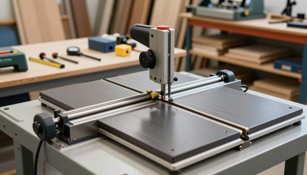 A detailed workshop scene showcasing the configuration of a band saw, emphasizing its mechanical components and setup. In the foreground, a close-up view of the band saw's tension adjustment and blade guide, highlighting precision tools and gauges in sharp focus. The middle ground features a neatly organized workbench with various tools, measuring instruments, and safety equipment. Soft overhead lighting creates a clear, bright ambiance, while shadows add depth. In the background, shelves filled with wood stock and additional machinery hint at an active workshop environment. The overall mood is serious and professional, aimed at conveying the importance of correct setup to prevent operational errors. Include no human figures, ensuring the focus remains on the equipment and its configuration.