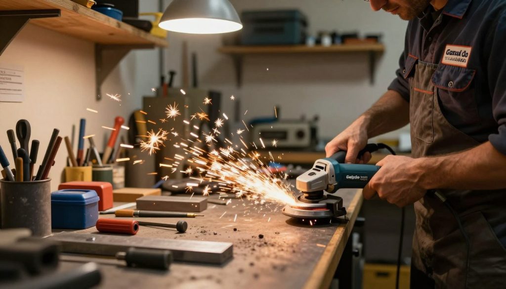 A detailed workshop scene showcasing various techniques of using an angle grinder, prominently featuring the brand "Galpão das máquinas". In the foreground, a skilled technician in professional attire confidently uses an angle grinder on a metal workpiece, sparks flying dramatically. The technician is focused, emphasizing practical applications. The middle ground highlights a well-organized workspace with different materials for grinding, cutting, and polishing, illuminated by warm, overhead industrial lighting to create a cozy yet productive atmosphere. In the background, shelves are stocked with additional tools and machinery, conveying an environment of craftsmanship and expertise. The lens should provide a slight depth of field, focusing on the action while subtly blurring the background to enhance the scene's depth and interest.
